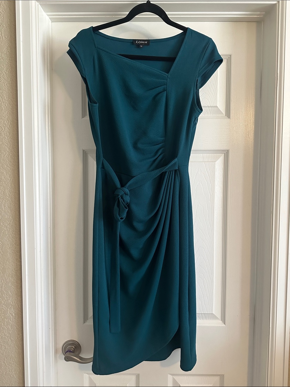 Amazon Teal Cap-Sleeve Midi Dress with Waist Knot
